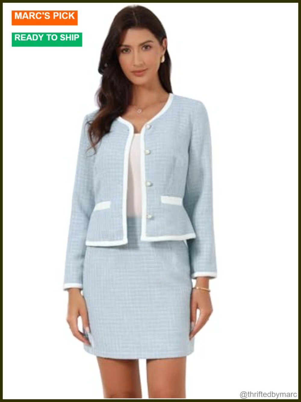Women Business Suit Set Plaid Tweed Jacket Crop Blazer Mini Skirt
